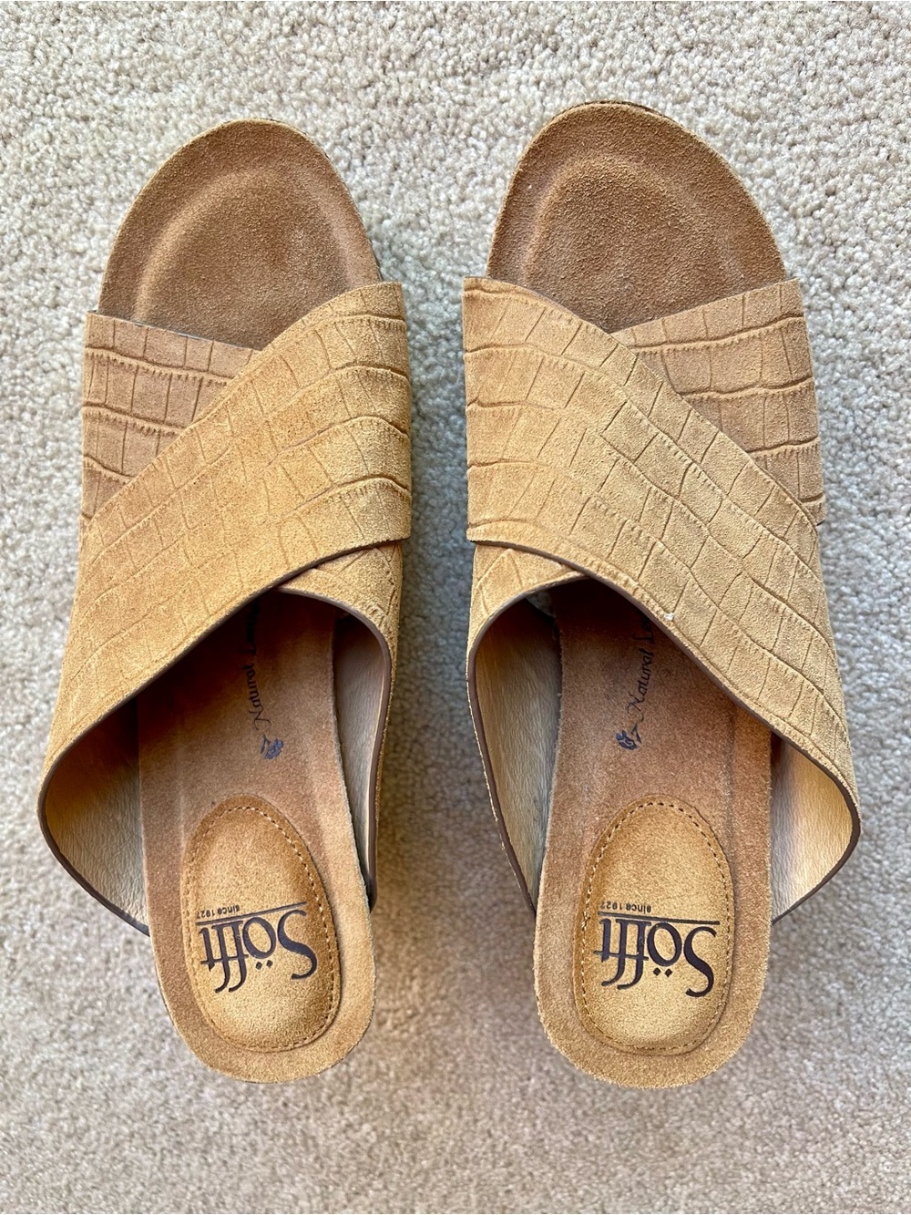 Söfft Tan Leather Cork Wedge Open Toe Slip On Sandals Wms Size 8.5, like New